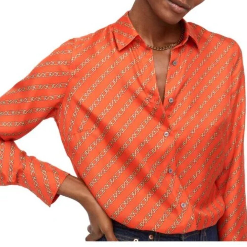 J Crew Collection Brilliant Sunset Gold Chain Silk Button Down Shirt Officecore